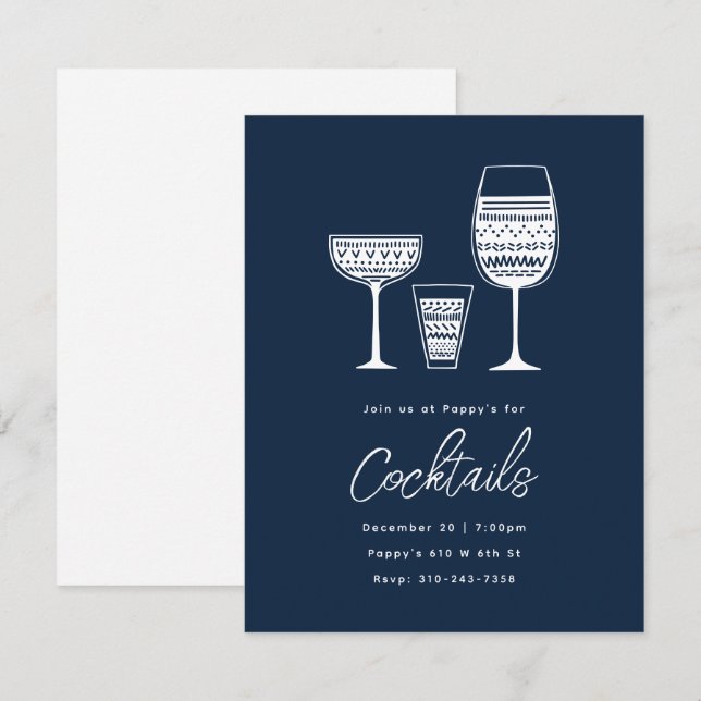 Convites Coquetéis com Padrão Marinho Blue Cocktail Party (Frente/Verso)
