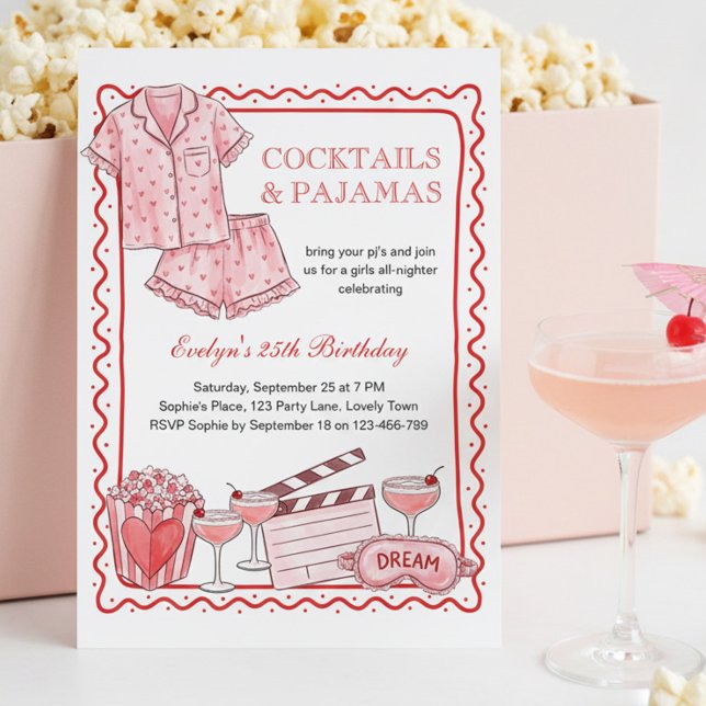 Convites Coquetéis Cor-de-Rosa e Meninas de Pijama Noite de (Cocktails & Pajamas party. Pink girls night design for birthday, bachelorette ..)