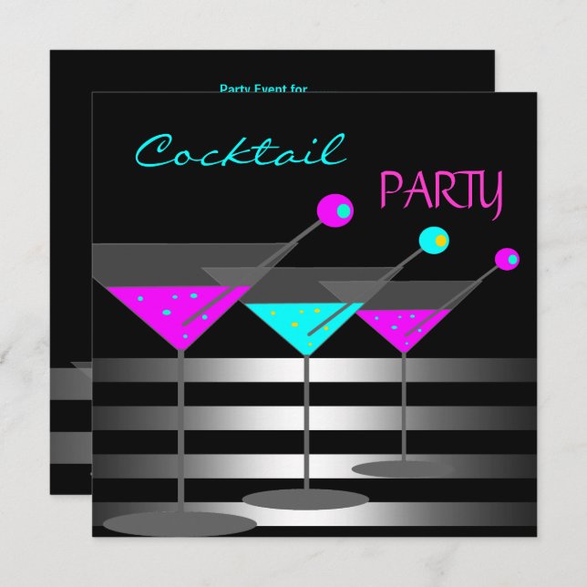 Convites Coquetéis do Cocktail Bebe Martini Teal Pink (Frente/Verso)