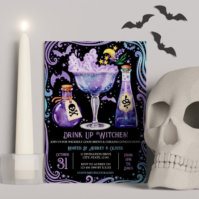 Convites Coquetéis e Festas de Bruxas (Cocktails and Costumes Witch Halloween Party Invitation)