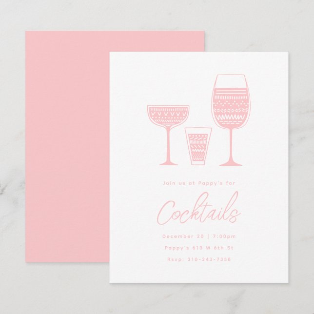 Convites Coquetéis Padrados Partido Cocktail Rosa (Frente/Verso)