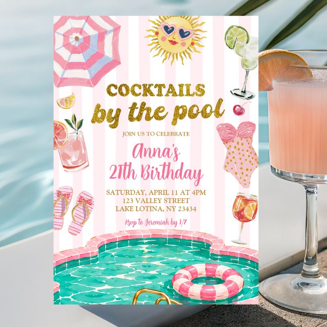 Convites Coquetéis Pink Stripe à beira da piscina aniversár (Criador carregado)