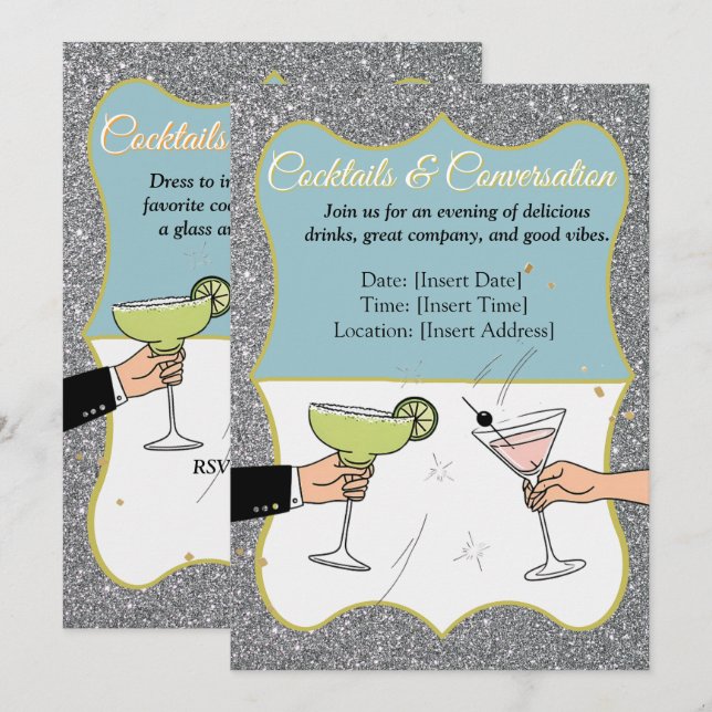 Convites Coquetel, conversas sofisticadas, bebida (Frente/Verso)