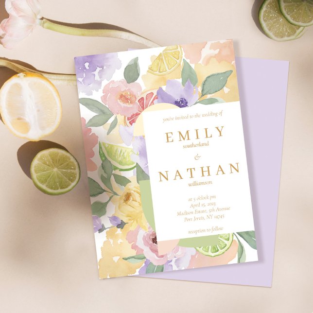 Convites Coquetel e Fruta de Citros Florais de Aquarela (Criador carregado)