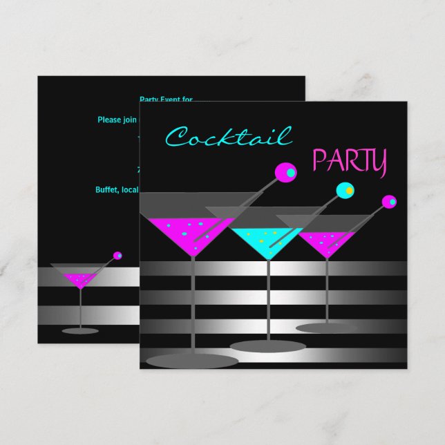 Convites Coquetel Festa Coquetéis Drinks Martini Azul Rosa (Frente/Verso)