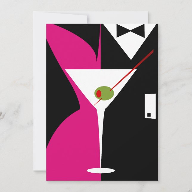 Convites Coquetel Martini Elegante em Fuchsia e Preto (Frente)