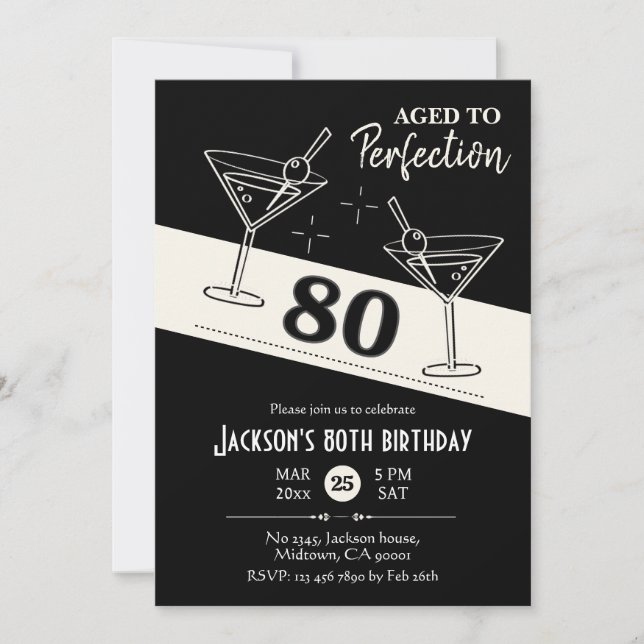 Convites Coquetel preto e branco martini 80 Aniversário (Frente)