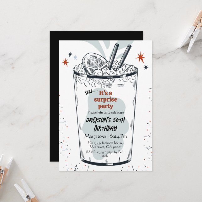 Convites Coquetel retro bebe temido 50ª surpresa Aniversári (Frente/Verso In Situ)