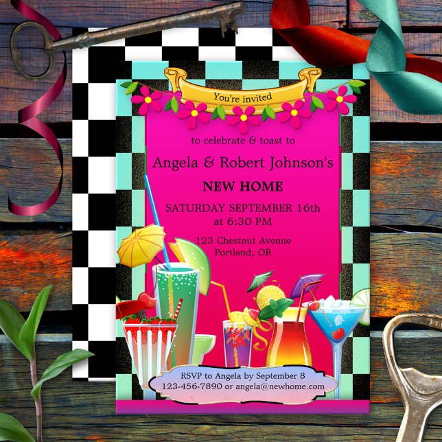 Convites Coquetel Retro Colorida, Uso Doméstico (Housewarming party invitation showing a colorful retro design with festive drinks and cocktail glass)