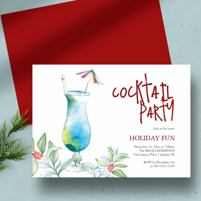 Convites Coquetel Tropical de Watercolor (Tropical theme Christmas cocktail party unique watercolor art by Victoria Grigaliunas)