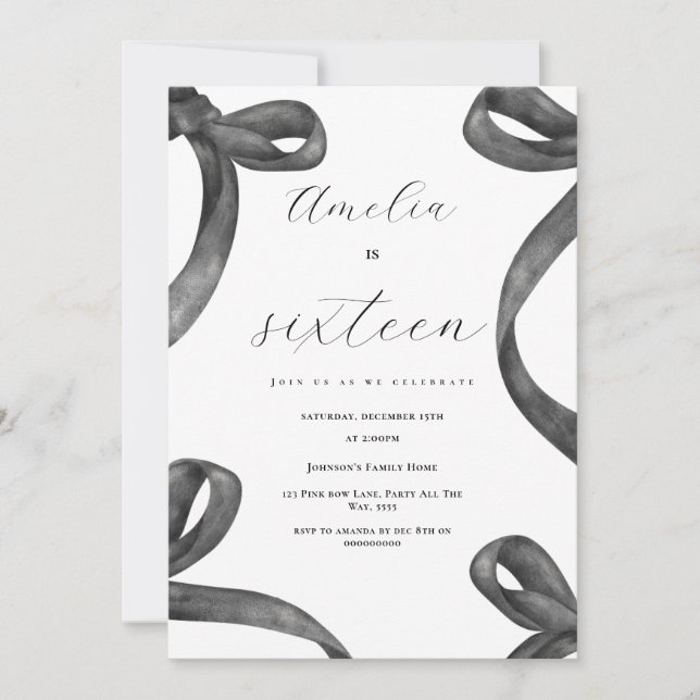 Convites Coquette 16th Birthday Girl Black Arco 18th 21rua (Frente)
