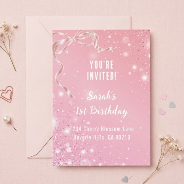 Convites Coquette 1st Birthday Invitations Pink Bow  (Criador carregado)