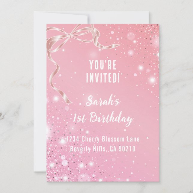 Convites Coquette 1st Birthday Invitations Pink Bow  (Frente)