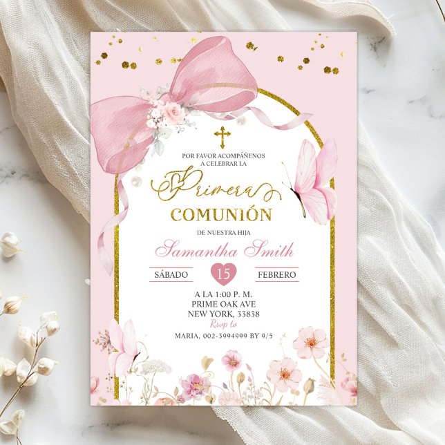 Convites Coquette Blush Pink Butterfly Primera Communion (Criador carregado)