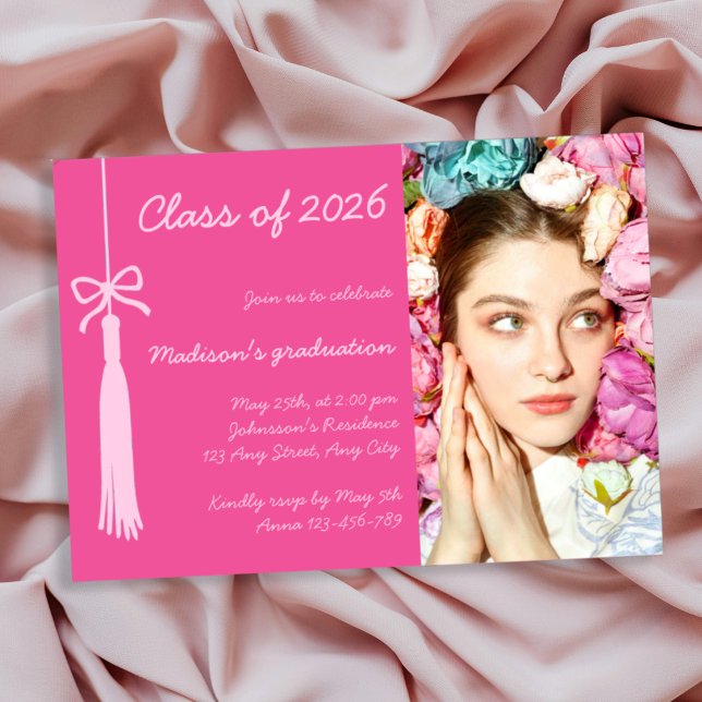 Convites Coquette Bow Blush Hot Pink Photo 2026 Graduation (Coquette Bow Blush Hot Pink Photo 2026 Graduation Invitation)