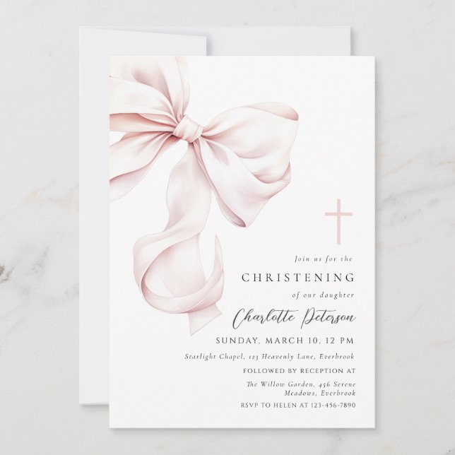 Convites Coquette Bow Christening Invitation (Frente)