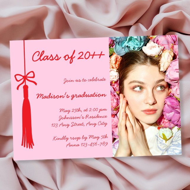 Convites Coquette Bow Pink Red Elegan Photo 2026 Graduation (Coquette Bow Pink Red Elegan Photo 2026 Graduation Invitation)