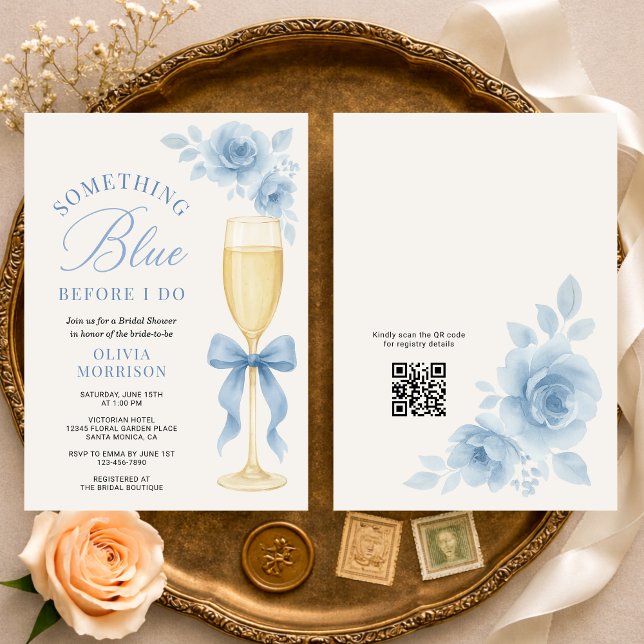 Convites Coquette Bow Something Blue QR Code Bridal Shower  (Criador carregado)