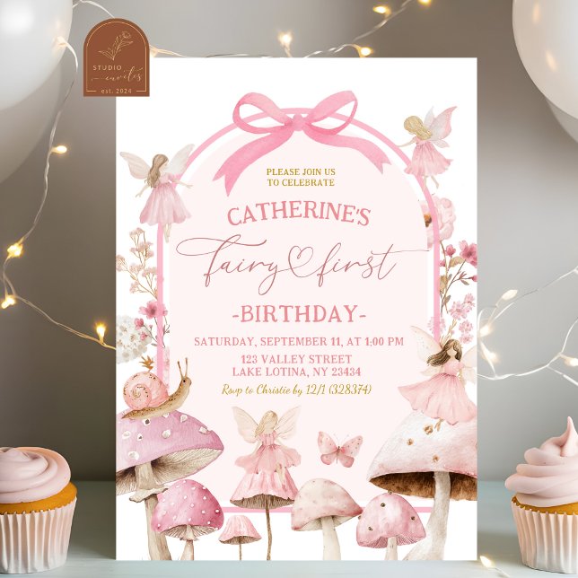 Convites Coquette Branco e Rosa Fada Primeiro Aniversário (Criador carregado)