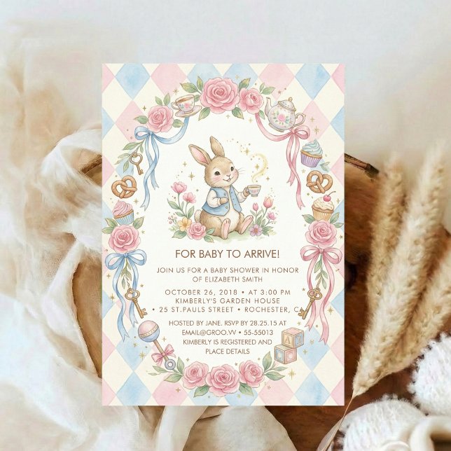 Convites Coquette Bunny Baby Shower rosa Bege (Criador carregado)