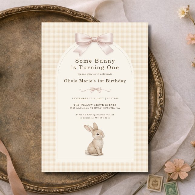 Convites Coquette Bunny Gingham 1º Aniversário (Criador carregado)