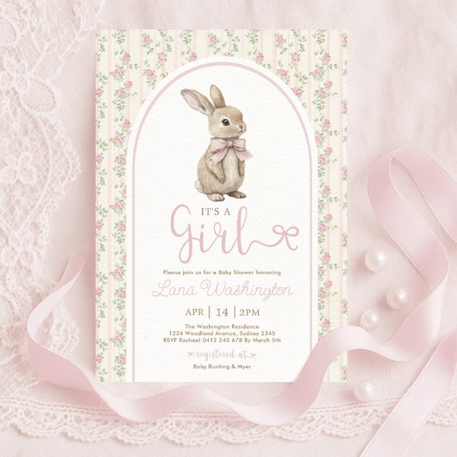 Convites Coquette Bunny Pink Bow Roses Girl Baby Shower (Criador carregado)
