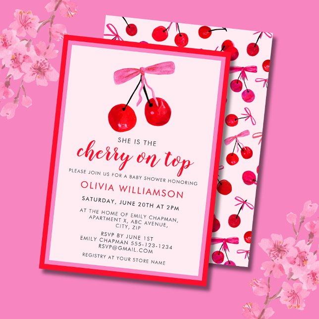 Convites Coquette Cherry no Top Girls Chá de fraldas (Cherry on Top Baby Shower invitation with coquette cherries and pink ribbon bow)