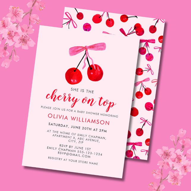 Convites Coquette Cherry no Top Girls Chá de fraldas (Cherry on Top Baby Shower invitation with coquette cherries and pink ribbon bow)