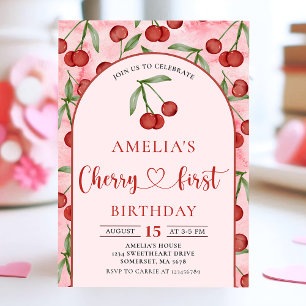 Convites Coquette Cherry Primeiro Aniversário Red Cherry An