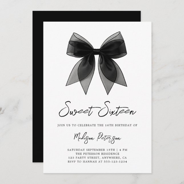 Convites Coquette Chic Minimal Black Bow Sweet 16 Birthday (Frente/Verso)