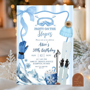 Convites Coquette Inverno Azul pastel Ski aniversário
