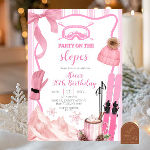 Convites Coquette Inverno Rosa pastel Aniversário de Esqui