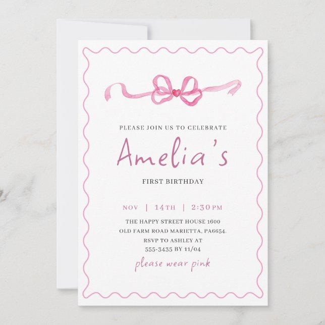 Convites Coquette Invitation for Birthday Girl Bow Party  (Frente)
