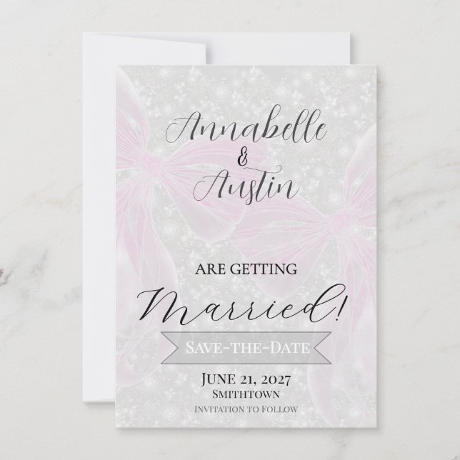 Convites Coquette Laço Transparente em Rosa  Save-The-Date (Frente)