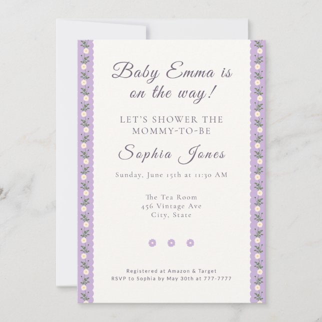 Convites Coquette Lavender Scallop Floral (Frente)