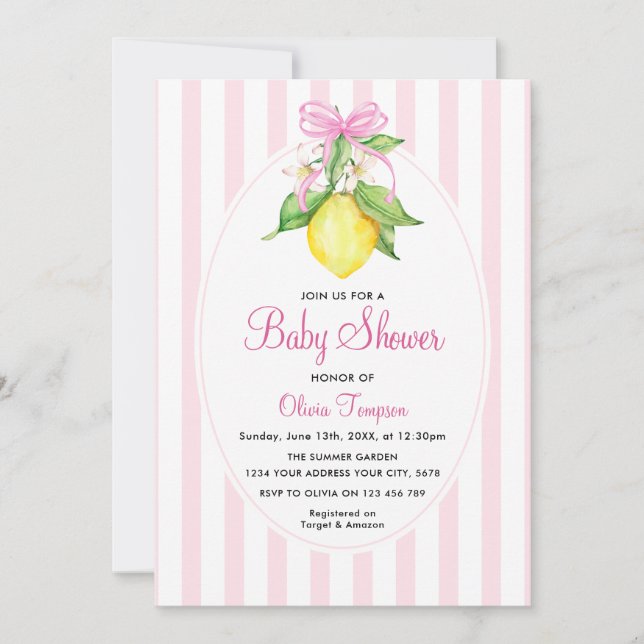 Convites Coquette Lemon Pink Baby Shower (Frente)