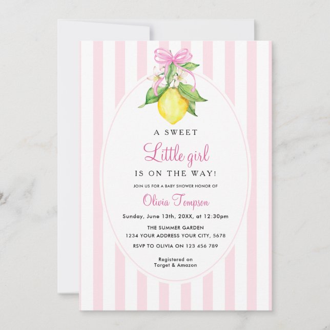 Convites Coquette Lemon Pink Baby Shower (Frente)