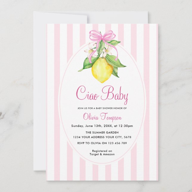 Convites Coquette Lemon Pink Ciao Baby Shower (Frente)