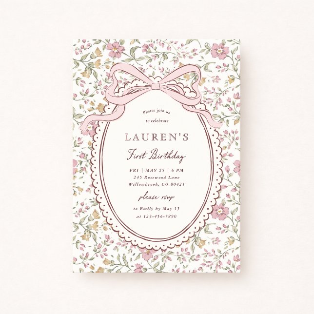 Convites Coquette Meadow Floral Bow Primeiro Aniversário  (Criador carregado)