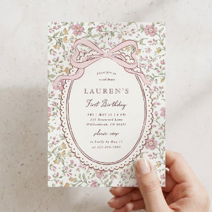 Convites Coquette Meadow Floral Bow Primeiro Aniversário