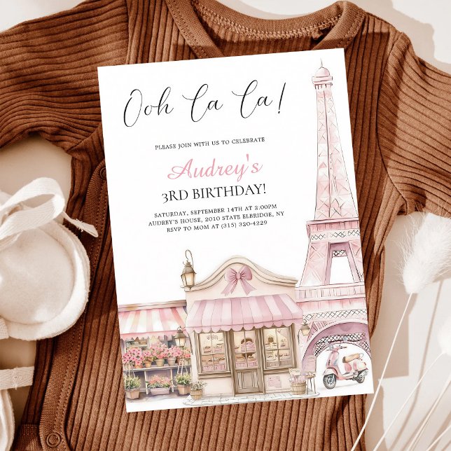 Convites Coquette Paris Café Rosa Torre Eiffel Aniversário (Criador carregado)