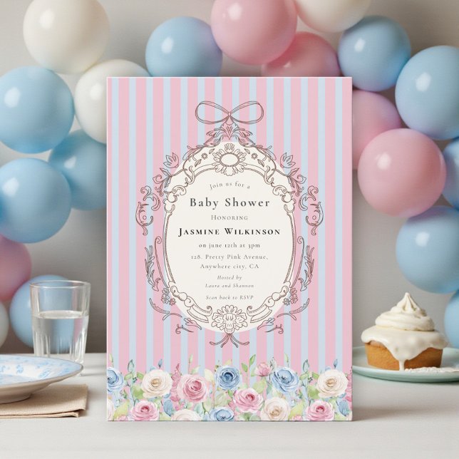 Convites coquette pastel Rose Baby Shower with qr code rsvp (Criador carregado)