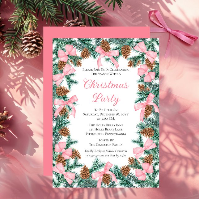 Convites Coquette Pine Boughes e Festa de Natal de Arcos (Elegant Coquette Style Pink Bows and Evergreen Pine Greenery Christmas Party Invitation)