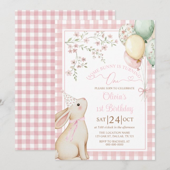 Convites Coquette Pink Bow Bunny Rabbit Girl 1st Birthday (Frente/Verso)