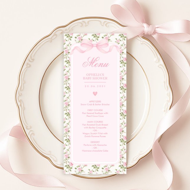 Convites Coquette Pink Bow Roses Baby Shower Menu (Criador carregado)