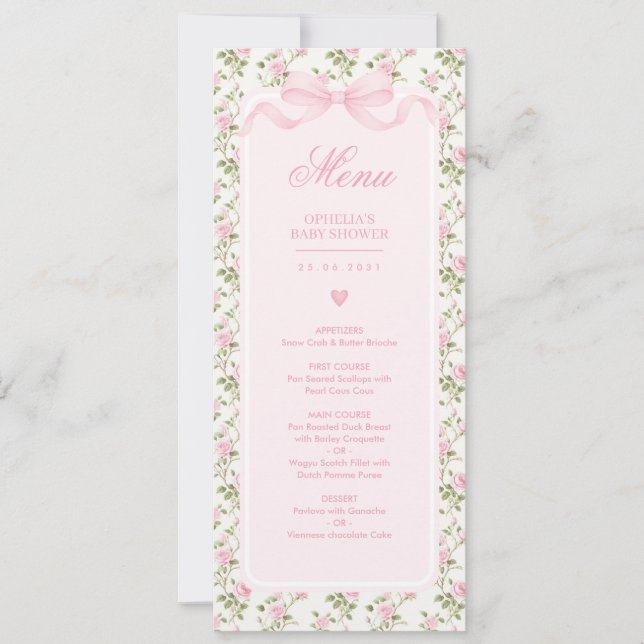 Convites Coquette Pink Bow Roses Baby Shower Menu (Frente)