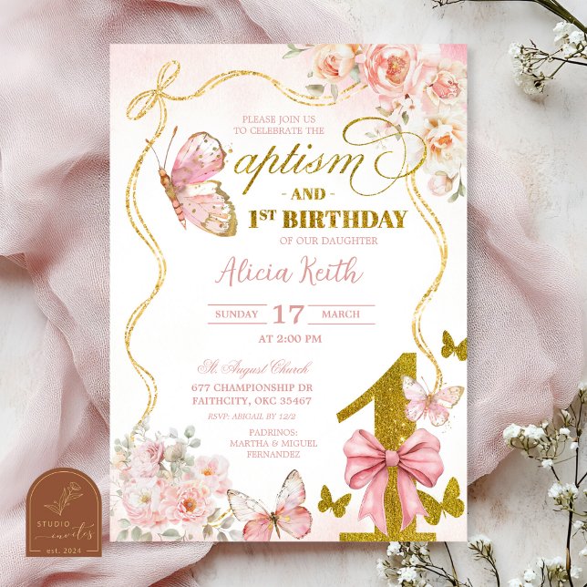 Convites Coquette Pink Butterfly baptism and first birthday (Criador carregado)