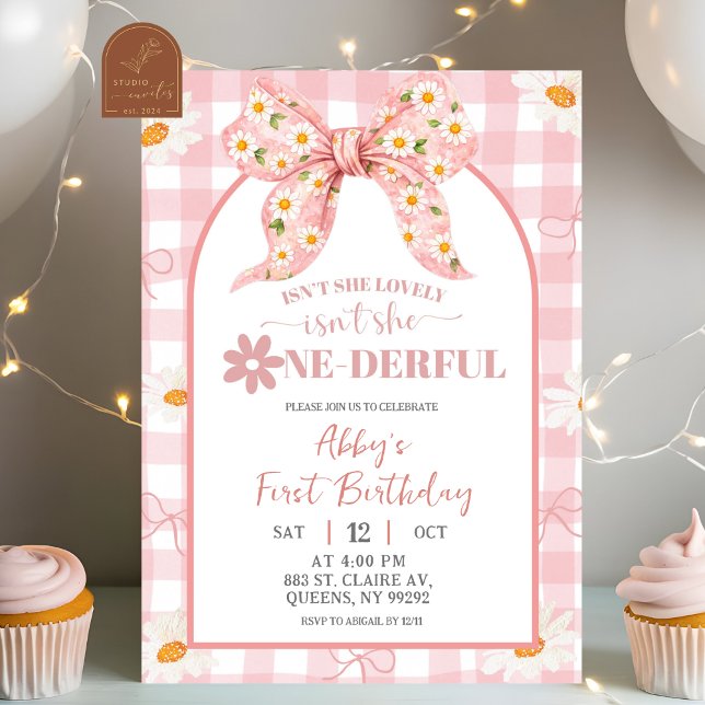 Convites Coquette Pink Daisy Bow Birthday InvitatIon (Criador carregado)