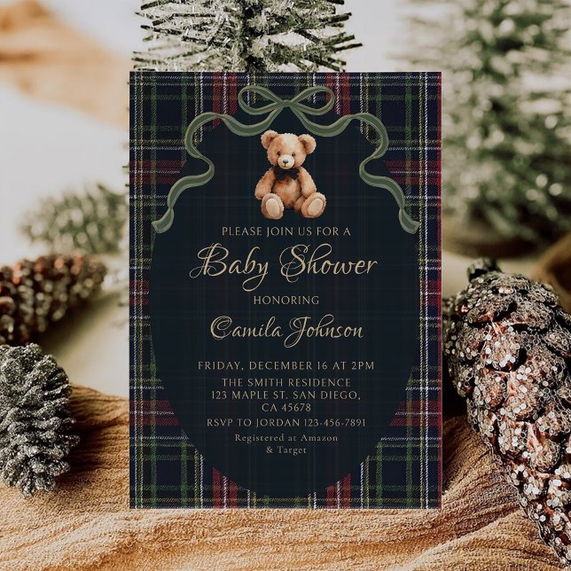Convites Coquette Plaid Teddy Bear Baby Shower Invitation (Criador carregado)
