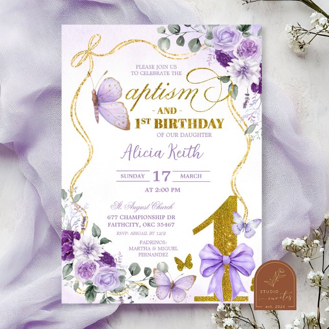 Convites Coquette Purple Butterfly baptism and 1st birthday (Criador carregado)